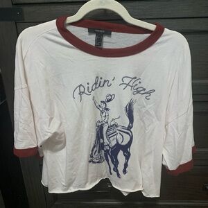 Forever 21 White Ringer Tee with Maroon Trim and Cowboy Graphic
